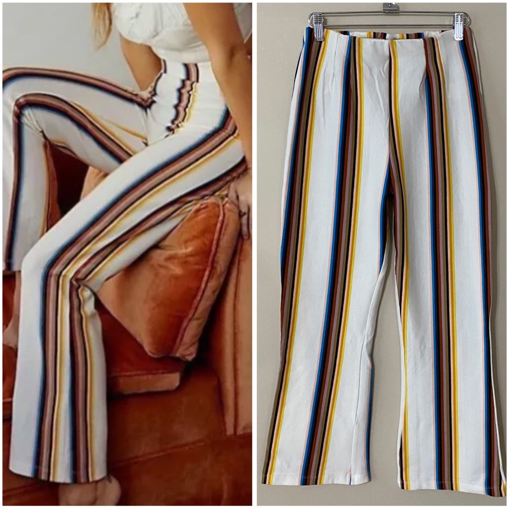 Free People, EUC, Size 8, Clean Crop Flare Pants, White, Stripes, Elastic Waist